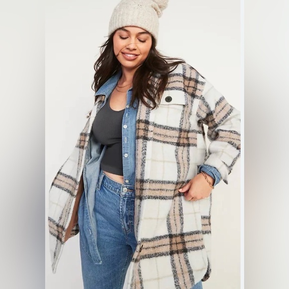Old Navy Wool Shacket - Cream Plaid - Picture 3 of 16